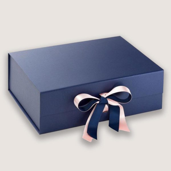 Navy collapsible boxes with ribbon