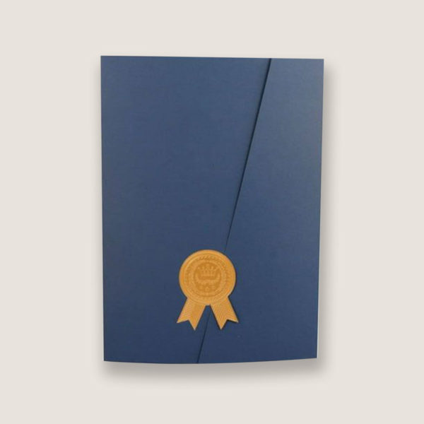 Navy blue tri-panel paper certificate holder